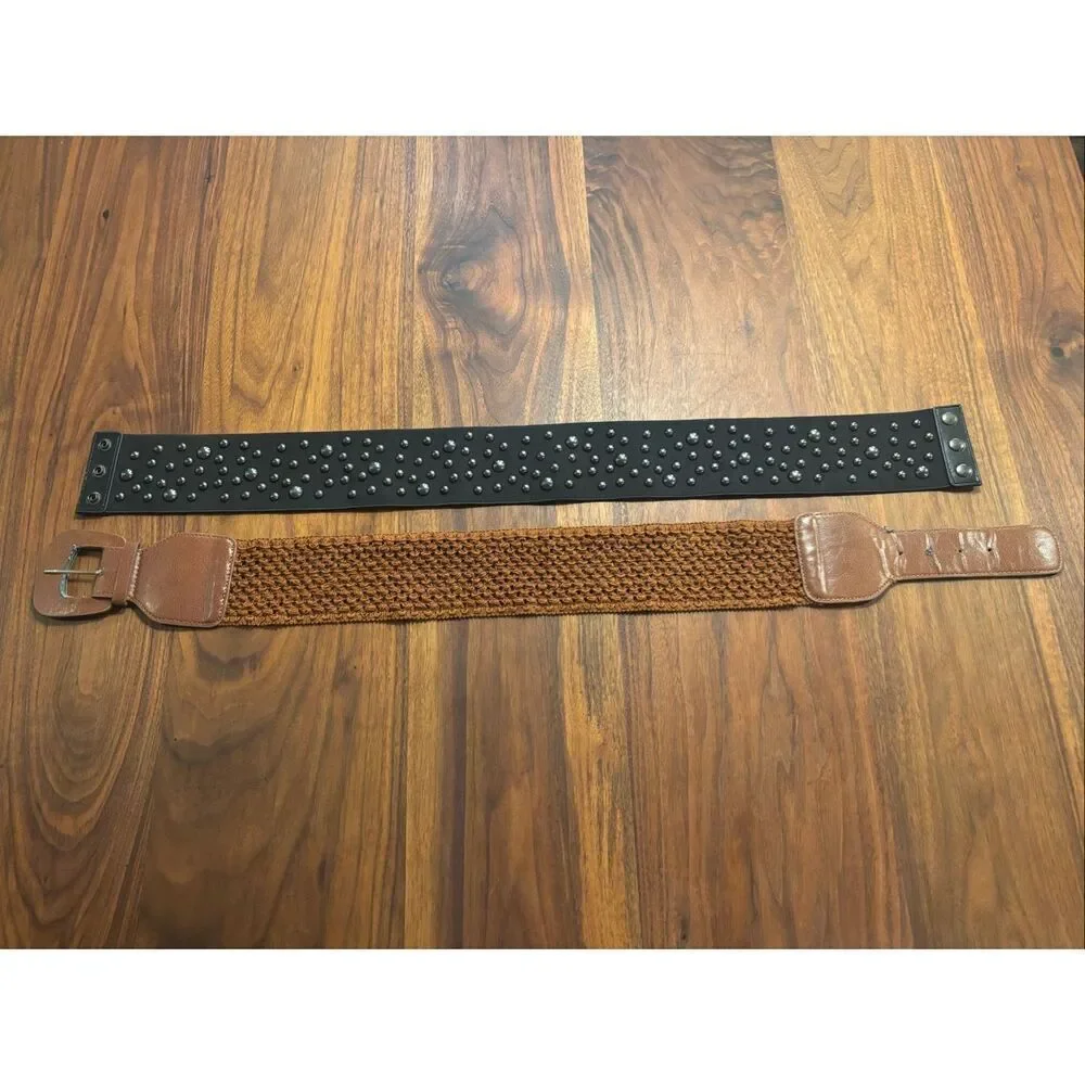 Lot of 2 Womens Black Brown Leather Woven Studded Wide Elastic Belt Small/Medium